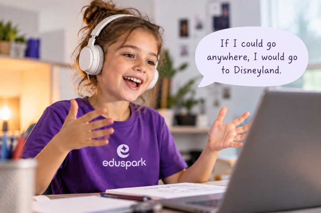 Dziewczynka w słuchawkach odpowiada: If I could go anywhere, I would go to Disneyland.